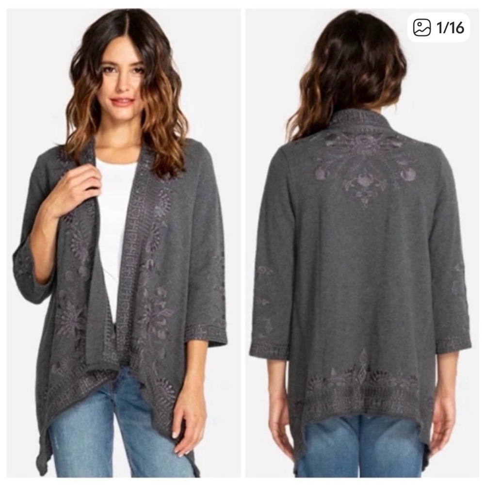 Johnny Was Charcoal Gray Embroidered Open-Front Cardigan